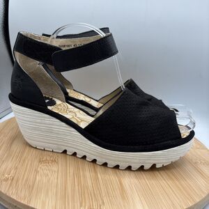 Fly London Yake Wedge Sandals Black Leather Perforated Comfort EU 39 US 8–8.5